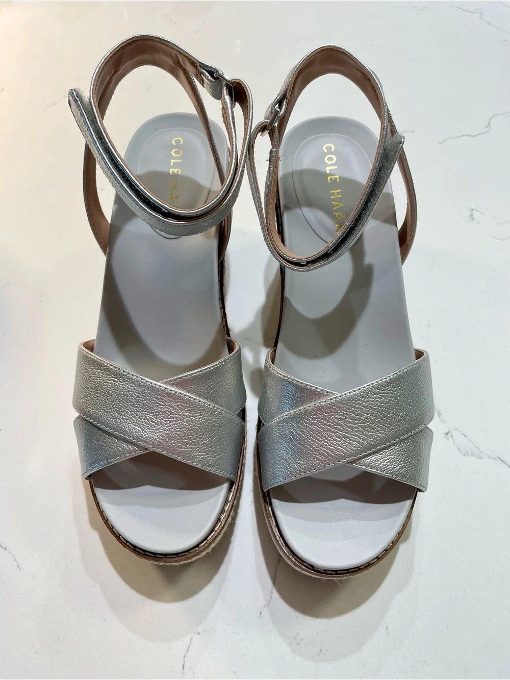 Cole Haan Silver Wedge Espadrille Sandals with Ankle Strap